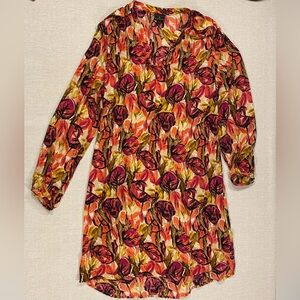 L-XL Worthington Floral Leaf Mini Dress with Slip Waist Tie Chartreuse Fuscia